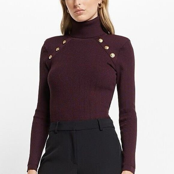 Express Sweaters - Express Novelty Button Long Sleeve Turtle Neck Pullover Sweater Burgundy Medium